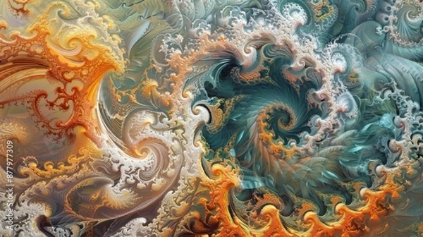 Fototapeta A digital abstract artwork featuring swirling patterns in shades of orange, blue, and white