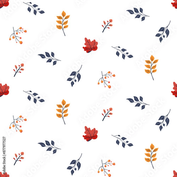 Fototapeta Botanical seamless pattern. Simple Plant. Simple autumn branches, plant. White background. Decorative ornament in Scandinavian style. Hand drown. Flat vector illustration