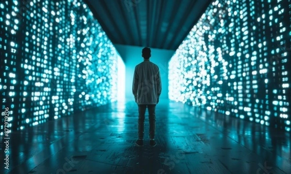 Fototapeta young man in an empty room, facing glowing blue data streams and floating numbers, high contrast lighting