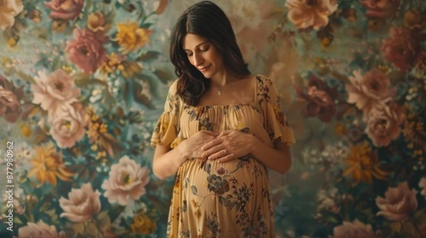 Fototapeta A pregnant woman posing in front of a colorful floral wall, perfect for baby shower or maternity announcements