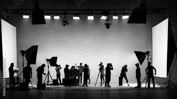 Fototapeta Commercial video film movie making lighting set professional studio production big working people silhouette scenes behind television camera motion picture equipment crew photo light