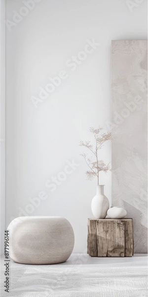 Fototapeta Minimalist relaxing interiors design composition with minimal furniture, window lighting and copy space. Residential realty luxurious property in neutral colors.