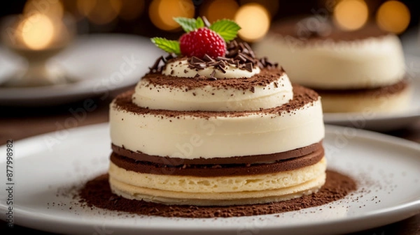Fototapeta final Tiramisu being decorated with a sprinkle of dark chocolate shavings or cocoa powder on top, highlighting its elegant and inviting presentation
