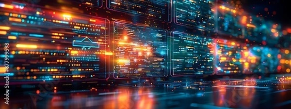 Fototapeta  Abstract network grid with files and folders, futuristic software interface, digital document management system, store, search and organize documents, corporate business, paperless office 