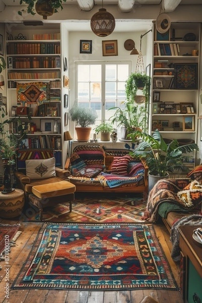 Fototapeta A cozy, bohemianstyled living room is rich with vibrant textiles and eclectic decor, radiating warmth and creativity