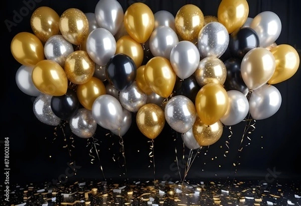 Obraz Vibrant birthday balloons, glitter, and confetti in gold and silver. A wide shot captures the festive balloon bunch in style. black background