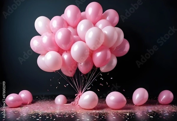 Obraz Vibrant birthday balloons, glitter, and confetti in pink . A wide shot captures the festive balloon bunch in style. black background
