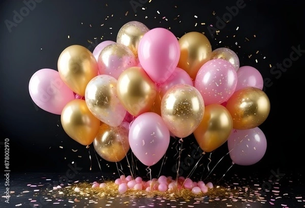 Obraz Vibrant birthday balloons, glitter, and confetti in gold and pink . A wide shot captures the festive balloon bunch in style. black background