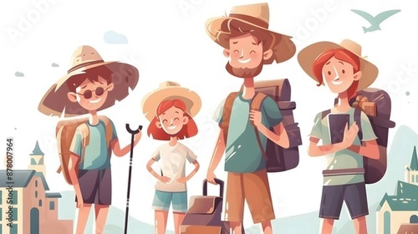 Fototapeta Illustration of a happy family on vacation, dressed in summer attire with hats and backpacks, exploring new places together.