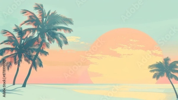 Fototapeta Stunning sunset illustration with palm trees on a tranquil beach, blending warm and cool tones for a serene tropical escape.