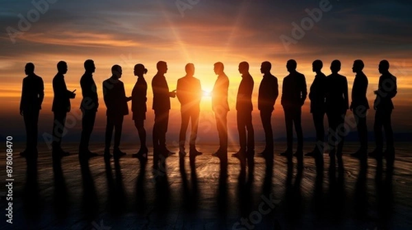 Fototapeta Silhouettes of businesspeople networking at a corporate event