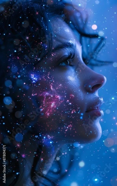 Fototapeta A woman's face is illuminated by swirling, luminescent particles, evoking a sense of wonder and mystery.