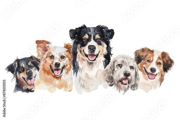 Fototapeta Watercolor painting of five happy and smiling dogs, showcasing various dog breeds. Perfect for pet enthusiasts and art lovers.