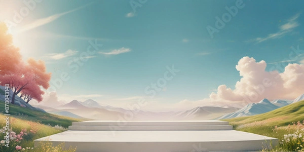 Fototapeta wide white podium image of a bright spring day with green field, flowers, mountains and clouds for product mockup (2)