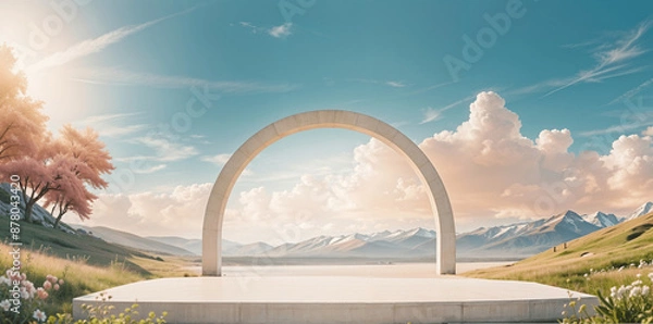 Fototapeta wide white podium (with arch) image of a bright spring day with green field, flowers, mountains and clouds for product mockup(2).