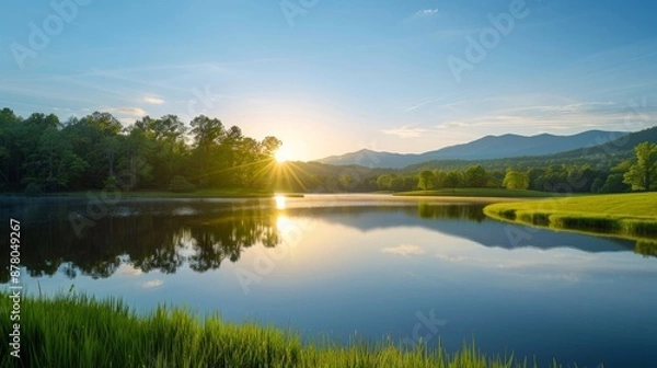 Fototapeta Beautiful landscape photograph of a serene nature scene during golden hour.