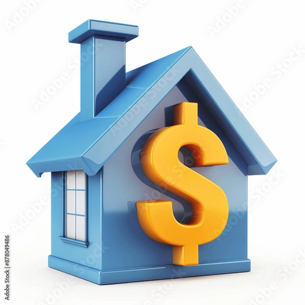 Fototapeta 3D illustration of a house icon with a dollar sign, symbolizing a mortgage loan. Isolated on a white background. Ideal for banking, finance, loans, investments, and economic themes.