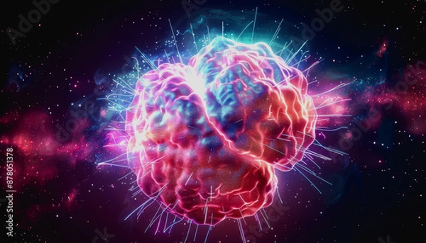 Fototapeta Neon lit AI with digital particles and futuristic aesthetic