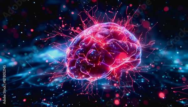 Fototapeta Neon lit AI with digital particles and futuristic aesthetic