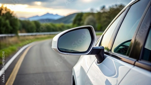 Fototapeta A sleek white automobile's curved side rear-view mirror reflects the surrounding environment with precision and clarity on a sunny day.