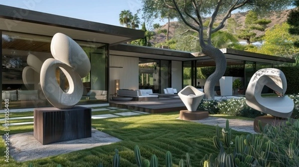 Obraz Modern ranch with a backyard that includes a minimalist, modern sculpture garden, featuring abstract and geometric forms
