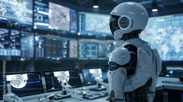 Fototapeta High-Tech Control Center: Advanced AI-Driven Disaster Response System with Autonomous Drones and Robots