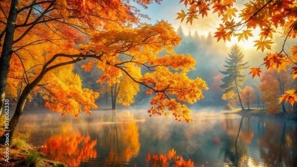 Fototapeta Vibrant oranges and yellows of autumn foliage softly glow against a serene, misty background in delicate pastel hues.