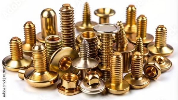 Fototapeta A set of precision-crafted golden and bronze rivet heads with varying sizes and shapes isolated on a pristine white background.