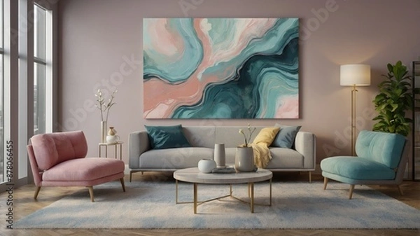 Fototapeta A stylish modern living room featuring pastel-colored furniture and an abstract painting on the wall, creating a cozy and elegant atmosphere.
