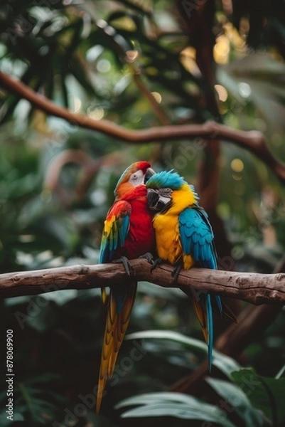 Fototapeta  Vibrant birds perch on a tree branch against a backdrop of lush, green forest teeming with trees