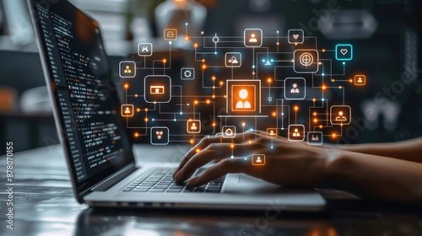 Fototapeta Internet conceptual image with laptop doing computing worldwide data