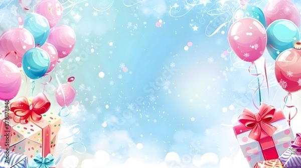 Fototapeta Soft gentle Birthday background composition with balloons and confetti birthday card or invitation
