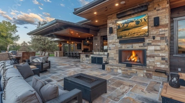 Obraz Ranch home with a spacious back patio that includes an outdoor fireplace and a surround sound system for movie nights