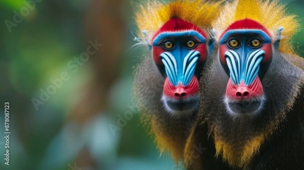 Obraz  Two monkeys, one with blue and red markings on its face, the other with yellow stripes and blue markings