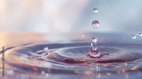 Fototapeta Close-up of a water droplet creating ripples as it falls into a colorful liquid surface. The image highlights the impact and motion with soft, gradient hues