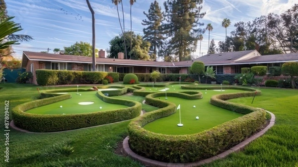 Obraz Suburban ranch with a front yard that features a professionally landscaped miniature golf course