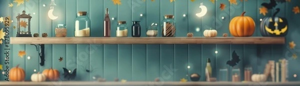 Fototapeta Halloween themed shelf decorated with jars, pumpkins, and autumn leaves against a teal background, creating a cozy atmosphere.