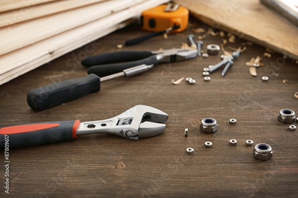 Fototapeta Workplace with construction tools close up