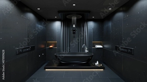 Fototapeta A minimalist bathroom with black satin finish tiles, a black tub with a built-in digital assistant, and a ceiling-mounted smart curtain system