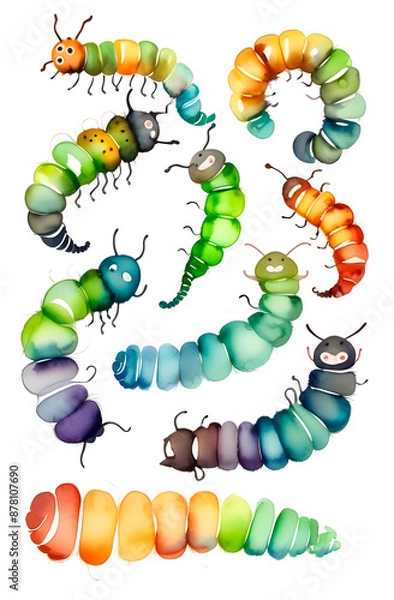 Fototapeta An illustration depicting a colorful caterpillar in various shades of green, blue, red and orange. A set with a baby caterpillar painted in watercolor, isolated on a white background.