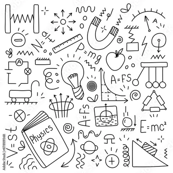 Fototapeta Physics set of doodle elements. Vector, isolated
