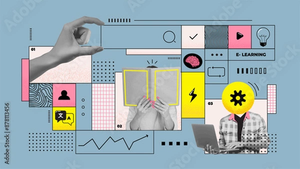 Fototapeta Contemporary art collage. Infographics design. Reading, literature lessons. Concept of education, creativity, study, homework, e-learning. Retro style. Poster and ad. Vector illustration