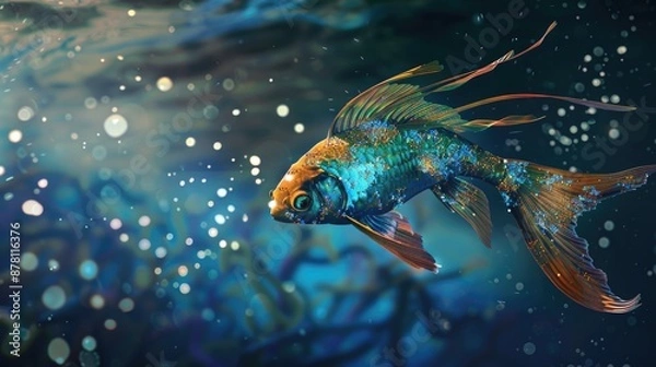 Fototapeta A close-up shot of a goldfish swimming in clear water with visible bubbles