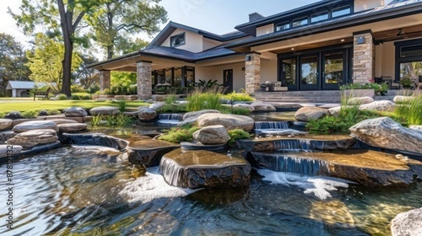 Obraz Elegant ranch with a front yard water feature that includes a series of small ponds connected by streams