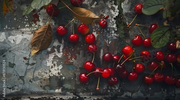 Fototapeta Fresh Cherries on Rustic Metal Surface with Autumn Leaves
