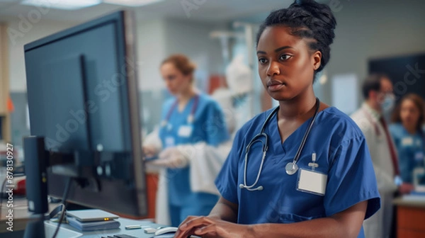 Fototapeta A black nurse in blue scrubs is standing at her desk, working on a desktop computer with patient medical records visible.