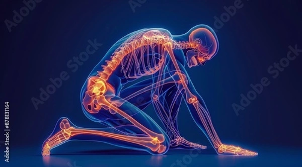 Fototapeta 3D illustration of a human body in a kneeling position with highlighted bones and joints