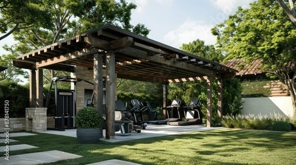 Obraz Modern ranch with a fully equipped outdoor gym shaded by a custom pergola