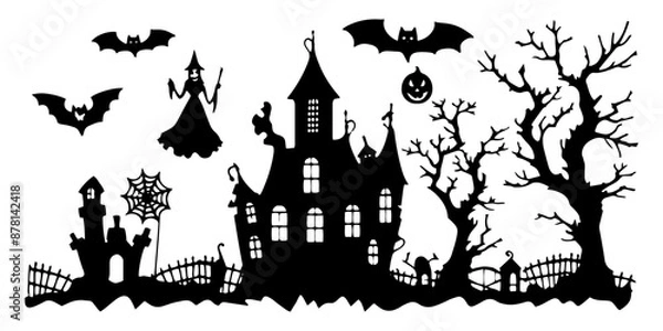 Fototapeta Vector collection of black silhouette halloween elements on white background