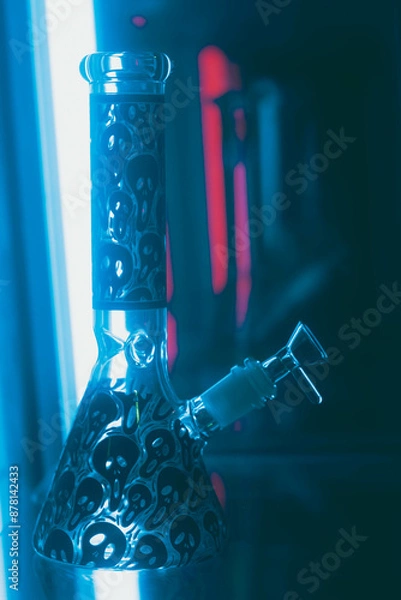 Fototapeta Cannabis Glass bong on black background, space for text. Smoking device